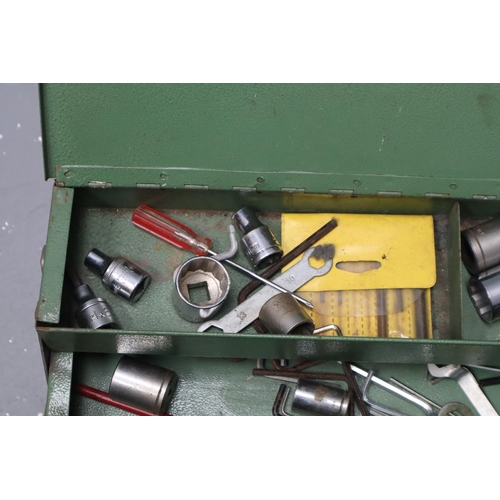 666 - A Vintage Green Metal Cantilever Toolbox With A Selection of Assorted Vintage Tools