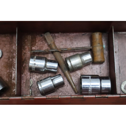 681 - A Vintage Red Metal Roebuck Toolbox, With A Selection of Assorted Vintage Tools