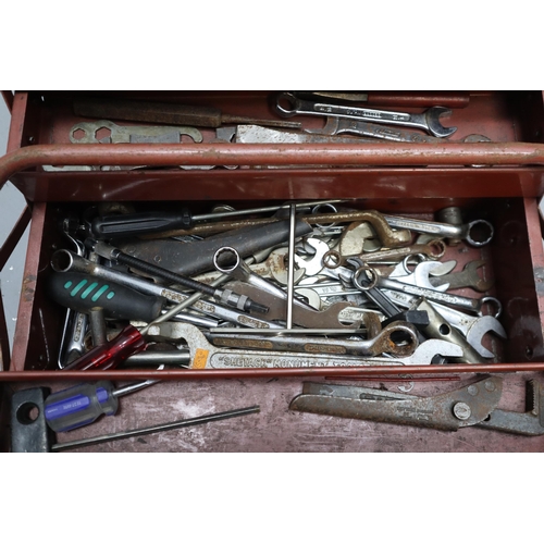 681 - A Vintage Red Metal Roebuck Toolbox, With A Selection of Assorted Vintage Tools