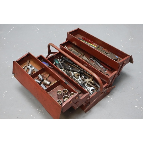 681 - A Vintage Red Metal Roebuck Toolbox, With A Selection of Assorted Vintage Tools