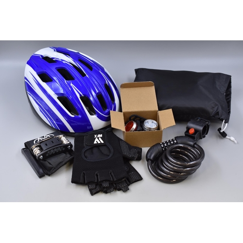 688 - A Selection of New Bike Accessories To Include Helmet, Pair of Gloves, Bike Number Combination Lock,... 