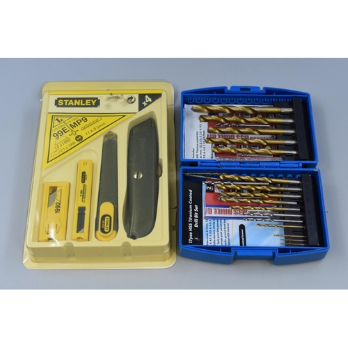 697 - Collection of As New Drill Bits in Storage Case plus a Brand new Sealed Stanley Knife Set