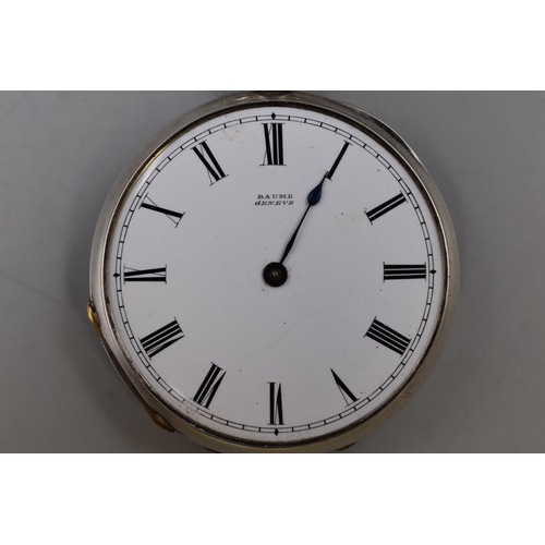 12 - Baume of Geneve Fine Silver Cased Pocket Watch with Key (Spares or Repairs, No Glass)