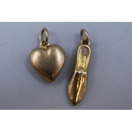 35 - Two Gold 375 Charms to include Love Heart and Shoe