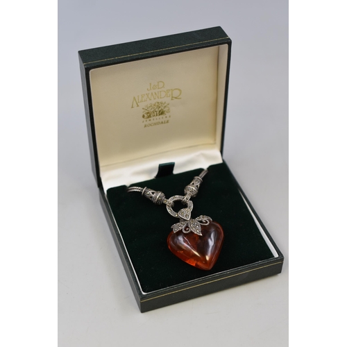 41 - Silver Vintage Amber Love Heart Necklace Complete with Presentation Box