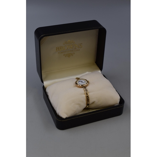 44 - Rotary 9ct Gold Mechanical Ladies Watch with Elasticated Strap Complete with Case and Paperwork