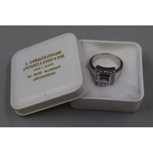 60 - A 925. Silver Clear and Purple Stoned Ring, Size M