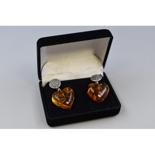 77 - Silver Amber Love Heart Earrings Complete with Presentation Box