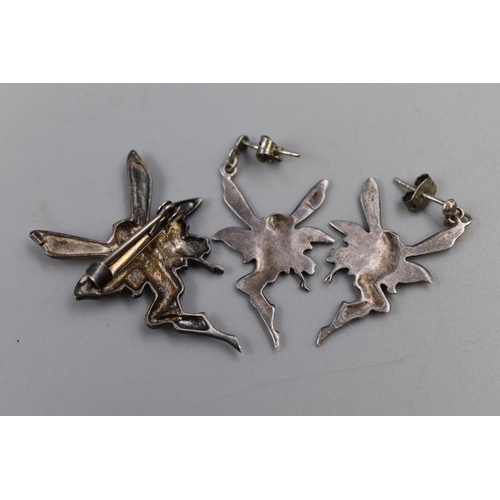 81 - Silver 925 Fairy Earrings and Matching Unmarked Brooch