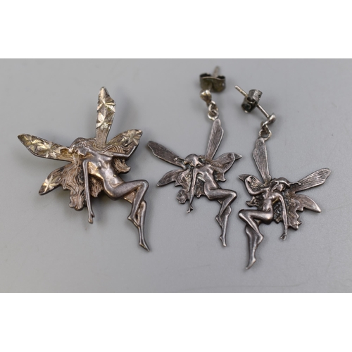 81 - Silver 925 Fairy Earrings and Matching Unmarked Brooch