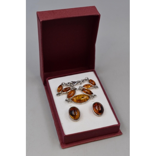 89 - A 925. Silver Amber Stoned Bracelet, With A Pair of 925. Silver Amber Effect Earrings