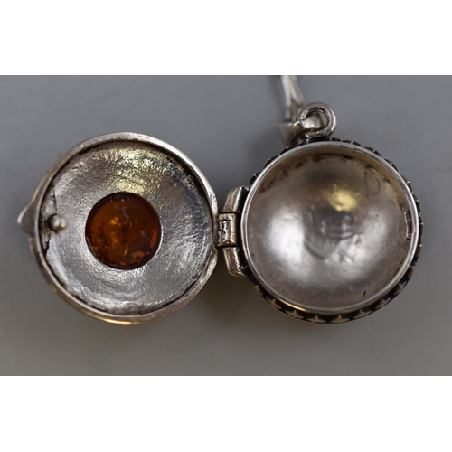 90 - Silver 925 Amber Locket Necklace and Earrings Set Complete with Presentation Box