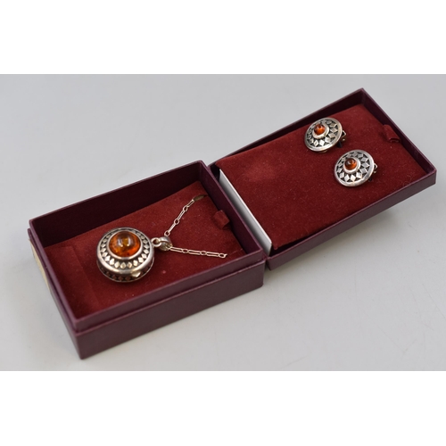 90 - Silver 925 Amber Locket Necklace and Earrings Set Complete with Presentation Box