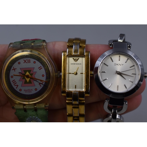 93 - Three Ladies Designer Watches To Include Swatch, DKNY, And Emporio Armani. Working