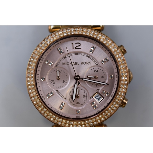 101 - Michael Kors Parker Rose Glitz Chronograph Ladies Watch with Matching Bracelet Box and additional To... 