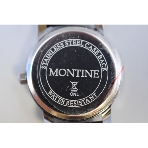 117 - A New Ladies Montine Quartz Black Dial and Strap Watch, In Presentation Box. Working