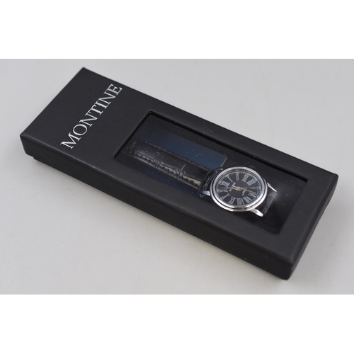 117 - A New Ladies Montine Quartz Black Dial and Strap Watch, In Presentation Box. Working