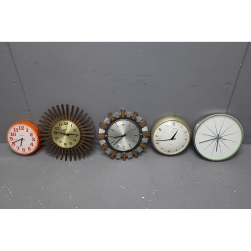 761 - A Selection of Five Retro Wall Clocks To Include Westclox, Smiths, Metamec, Northern, And Other. Spa... 