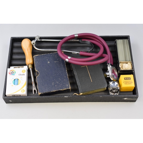 148 - Small Lot of Mixed Tray Items to Include Stethoscope, Oxford Prayer Book With Revised Hymms and More