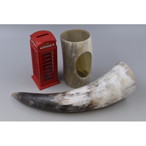 237 - Two Horn Decorative Pieces and a Phone box themed Money Box