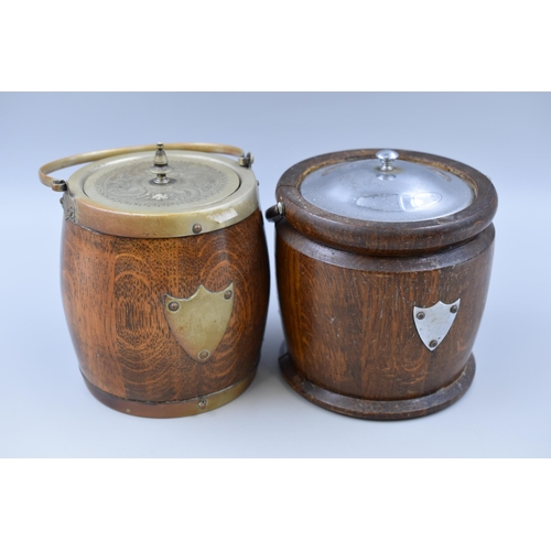 Two Vintage Oak Cased Ice Buckets With Ceramic Linings