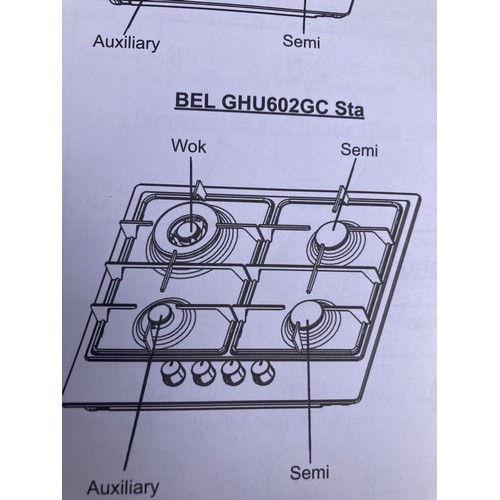 484 - Belling gas hob, BEL GHU 602GC Sta. In working condition with instruction manual, one knob has a sli... 