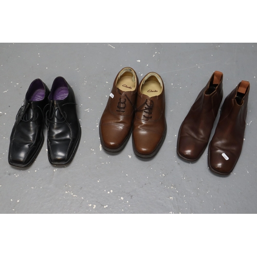 713 - Three Pairs of Gents Leather Shoes To Include Grenson Boots, Clarks (Size 9 1/2), And Thomas Cribb. ... 