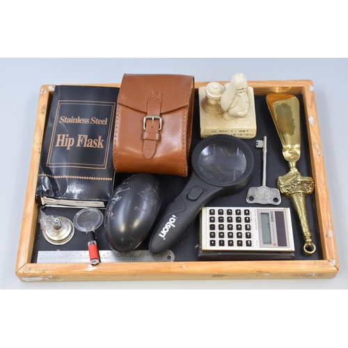 154 - Mixed Tray to Include Stainless Steel Hip Flask, Magnifying Glass, Casio Calculator and More