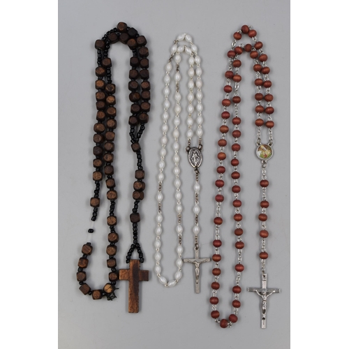 21 - Three Rosemary Beaded Cross Necklaces, Two Wooden and One See-through