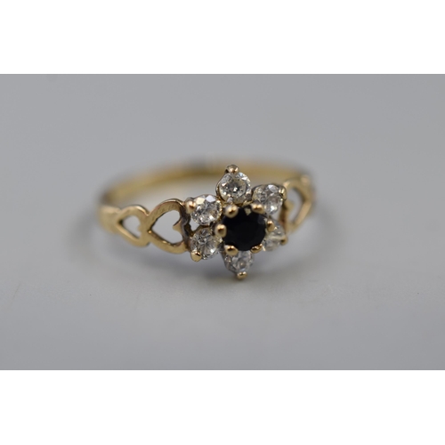 53 - A Hallmarked 9ct Gold (375) Clear and Black Stoned Floral Ring, Size M