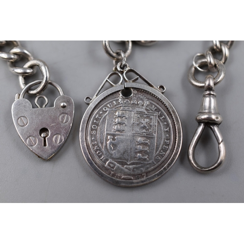 54 - Sterling Silver Charm Bracelet Heart Padlock Coin Pendant With Queen Victoria 1887 Coin Complete in ... 