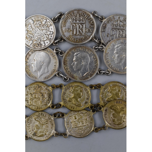 55 - Silver Sixpence Bracelet containing 8 Coins (dated 1931 to 1943) and a Spanish 9 Coin Bracelet