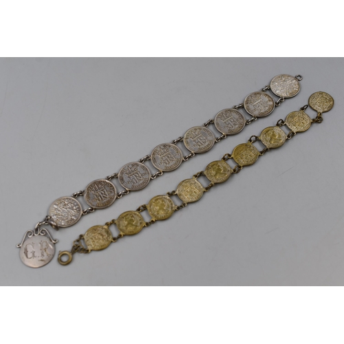 55 - Silver Sixpence Bracelet containing 8 Coins (dated 1931 to 1943) and a Spanish 9 Coin Bracelet