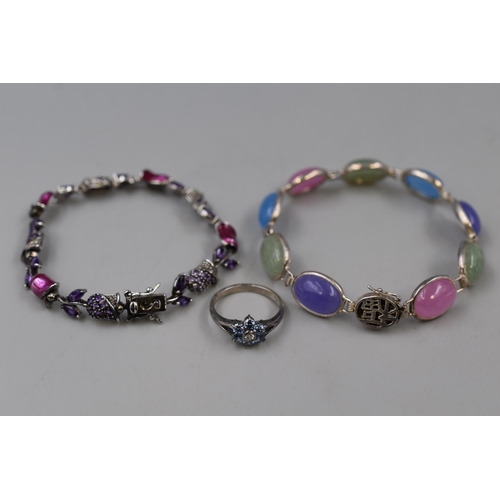 60 - Two 925. Silver Bracelets (Roses and Multi-Agate Stoned), With 925. Silver Floral Ring