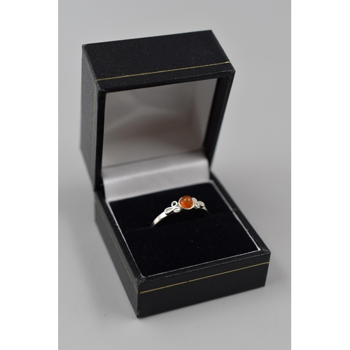 68 - Silver 925, Amber Stoned Ring Complete in Presentation Box, Size Q