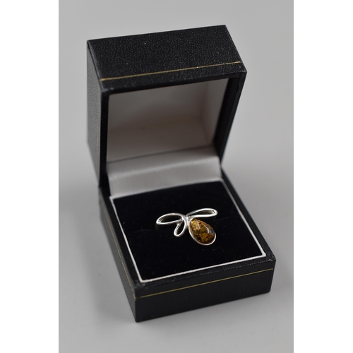 69 - Silver 925, Amber Stoned Ring Complete in Presentation Box, Size K