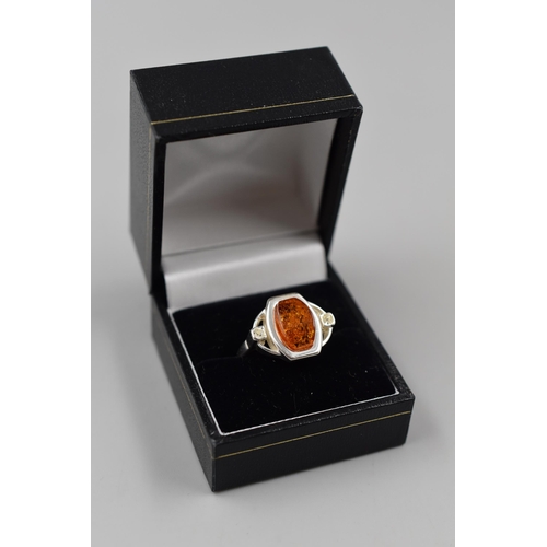 70 - Silver 925, Amber Stoned Ring Complete in Presentation Box, Size U