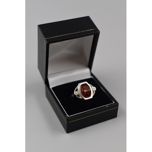 72 - Silver 925, Amber Stoned Ring Complete in Presentation Box, Size P