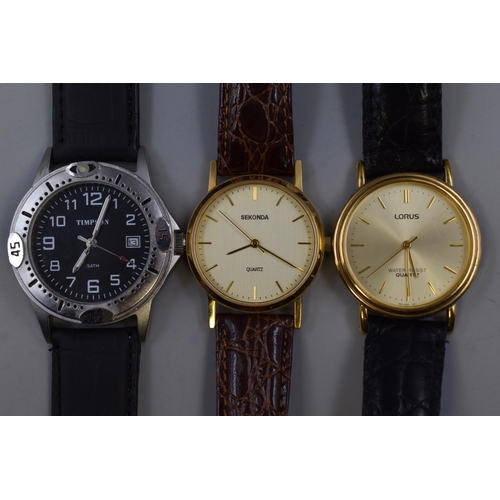 90 - Three Gents Watches to Include Lorus, Timpson and Sekonda (Working)