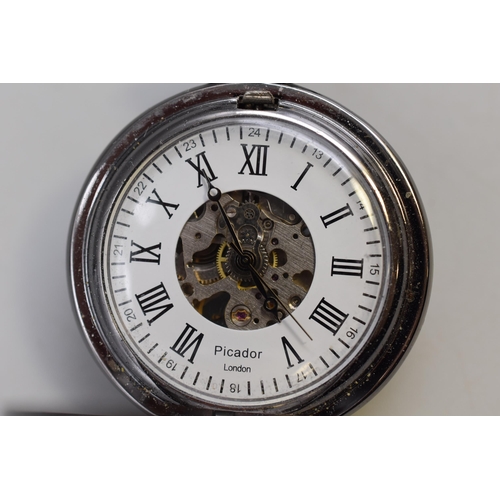 132 - Picador of London Open Faced Skeleton Pocket Watch with Chain (Working When Tested)