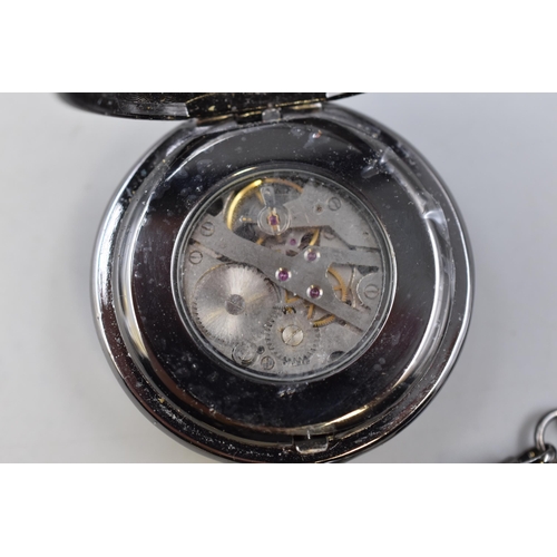 132 - Picador of London Open Faced Skeleton Pocket Watch with Chain (Working When Tested)