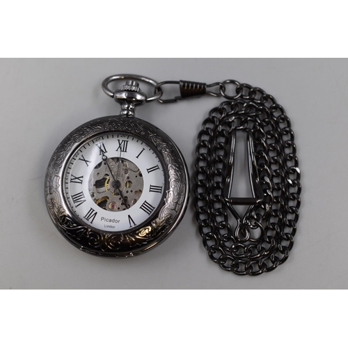 132 - Picador of London Open Faced Skeleton Pocket Watch with Chain (Working When Tested)