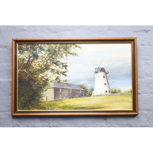 439 - A Framed Margaret Hall Oil on Board Original Painting Depicting Llynnon Windmill, Approx 16