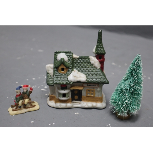 530 - Collective Set of Vintage Ceramic Light-Up Christmas Town Buildings, People and Trees working when t... 