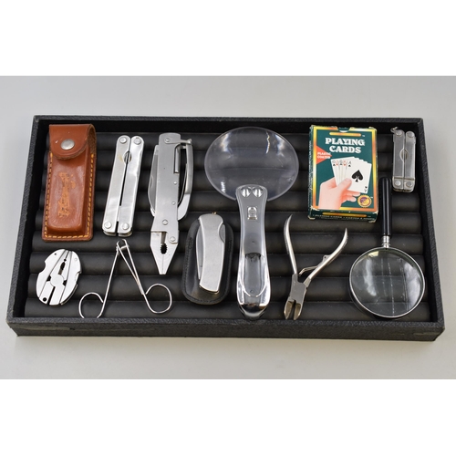 149 - Mixed Tray Items to Include Playing Cards, Magnifying Glasses, Nails Clippers and More