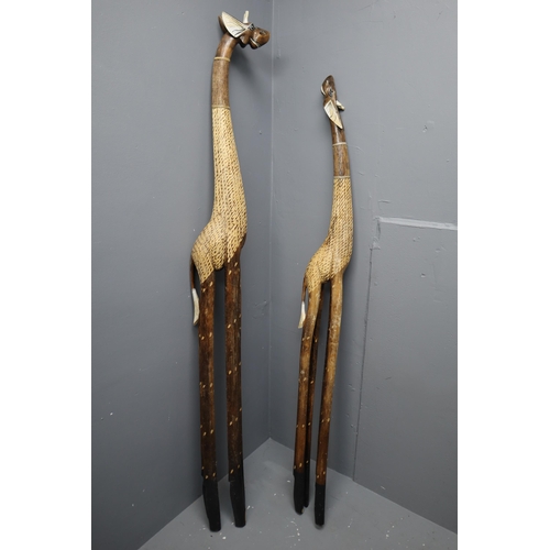 446 - Selection of 2 Wooden Hand-Carved Giraffes Tallest Approx 79