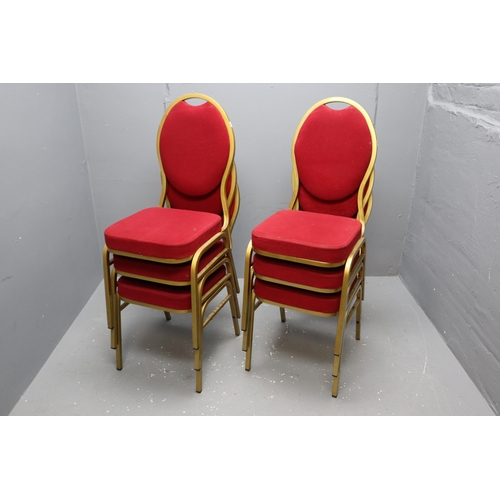 565 - A Set of Six Metal Framed Red Cushioned Stackable Chairs, Approx 37