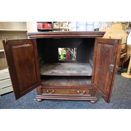 604 - Antique heavy dark wood lockable cabinet (with key) and single drawer measures 36