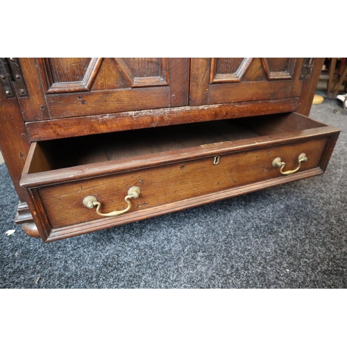 604 - Antique heavy dark wood lockable cabinet (with key) and single drawer measures 36