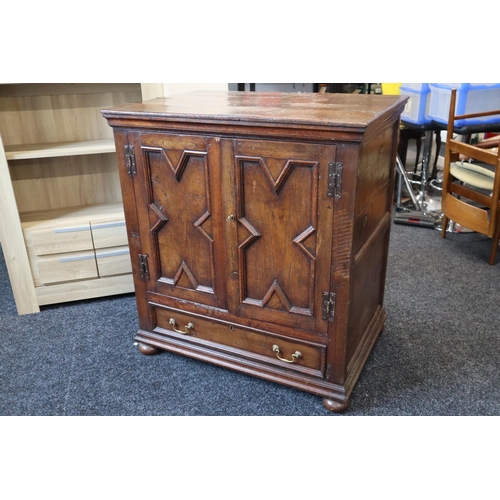 604 - Antique heavy dark wood lockable cabinet (with key) and single drawer measures 36